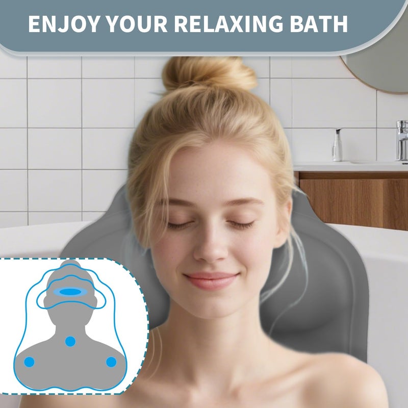 Deenwada Silicone Bath Pillow for Tub – Ergonomic Bathtub Headrest with Inflatable Air Cushion, Non-Slip Suction Cups & Neck/Back Support – Comfortable Spa Bath Accessory for Relaxation (Grey) - Image 3